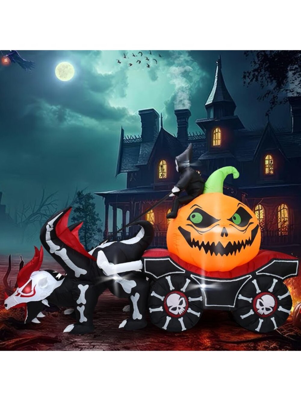9FT Halloween Inflatable Carriage with Grim Reaper & Skeleton Dragon - LED